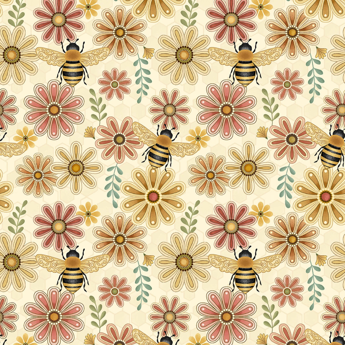Cream Flowers & Bees # R792122D-CREAM