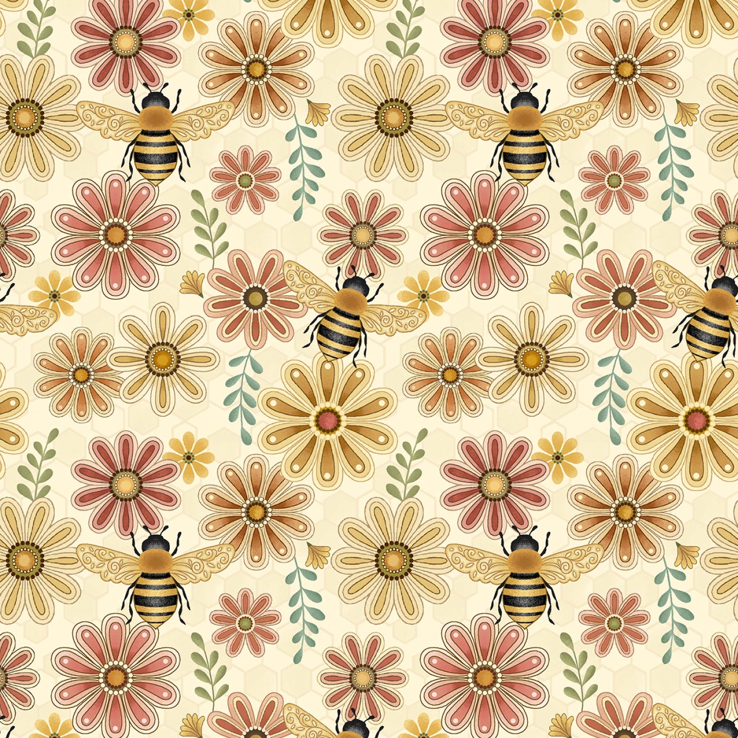 Cream Flowers & Bees # R792122D-CREAM