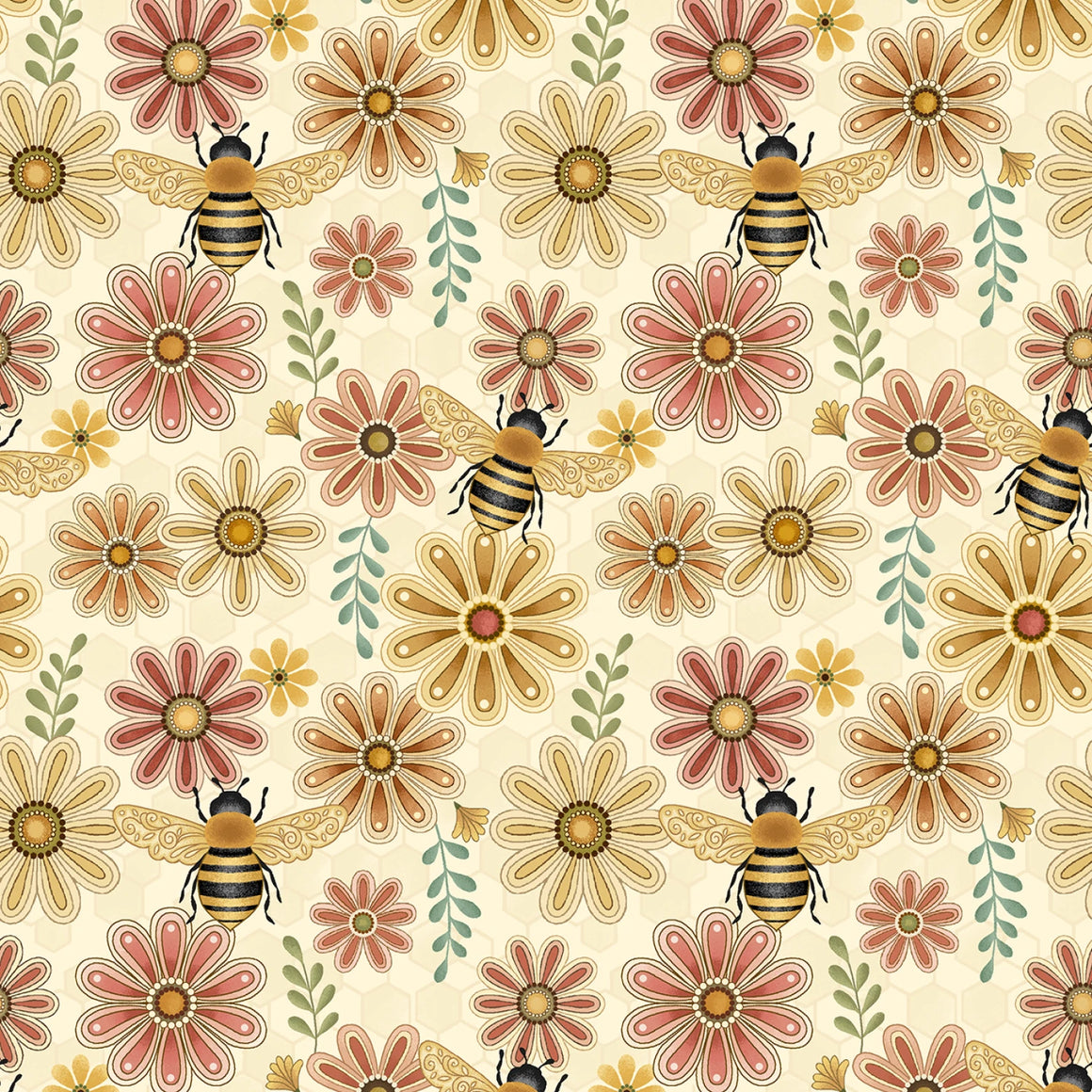 Cream Flowers & Bees # R792122D-CREAM